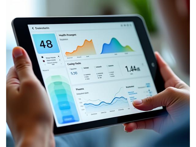 Οθόνη tablet με ένα πολύχρωμο dashboard που εμφανίζει γραφήματα προόδου υγείας, καρδιακούς παλμούς, βήματα και θερμίδες, σε μοντέρνο UI.