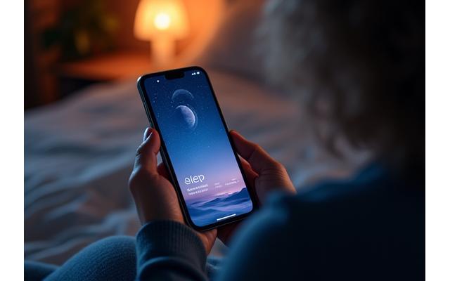 Οθόνη smartphone που δείχνει μια εφαρμογή διαλογισμού ή white noise για ύπνο, με απαλούς τόνους και ηρεμιστικά γραφικά.