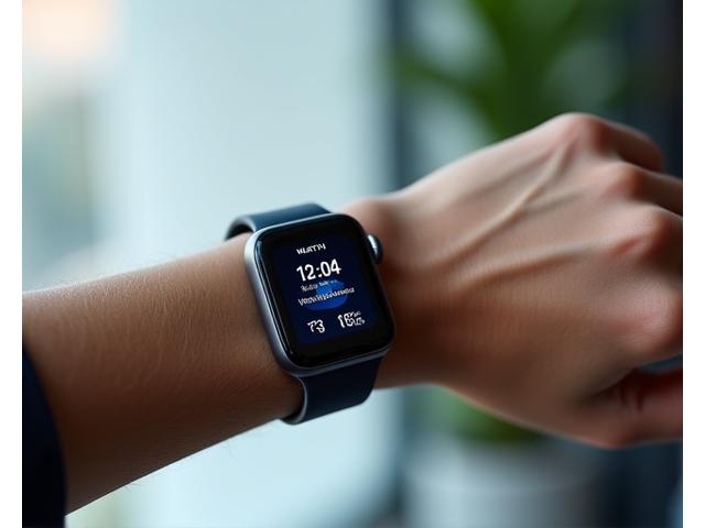 Καρπός με κομψό smartwatch που δείχνει δεδομένα καρδιακού ρυθμού και δραστηριότητας, με φόντο έναν καθαρό, μοντέρνο χώρο γυμναστηρίου.